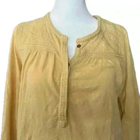 Lucky Brand Henley style Embroidered Shirt Yellow Top - Picture 4 of 8